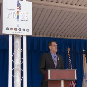Stuart Milk speaking at the Fort Belvoir 2021 Military District of Washington Pride Month Observance