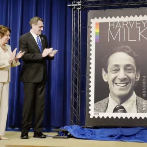 Stuart Milk at the unveiling of the USPS Forever Stamp of Harvey Milk